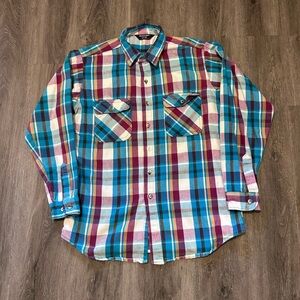 Vintage Mighty Mac Shirt Adult Large Teal Plaid Flannel Grunge USA Made 80s